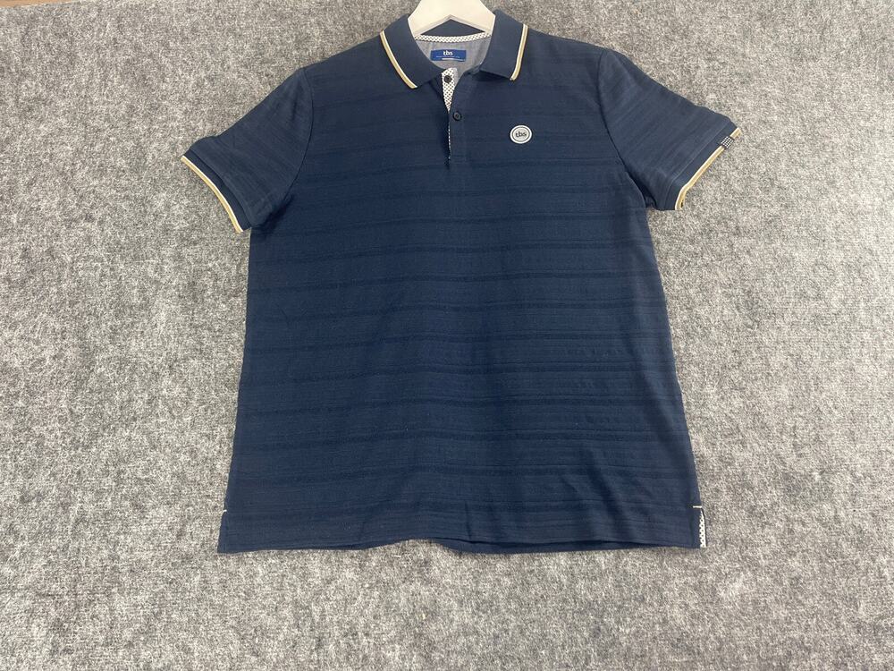 TBS France Polo Shirt Men’s XL XLarge Striped Blue Cotton Short Sleeve Navy N67